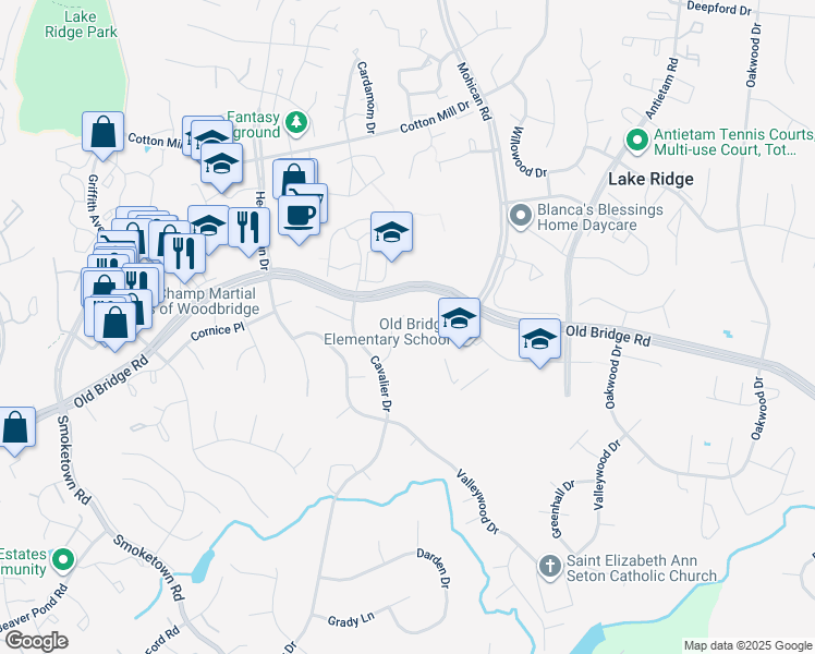 map of restaurants, bars, coffee shops, grocery stores, and more near 12513 Cassandra Court in Woodbridge