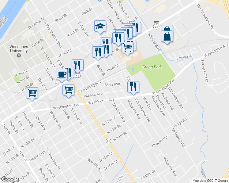 map of restaurants, bars, coffee shops, grocery stores, and more near Indiana Avenue in Vincennes