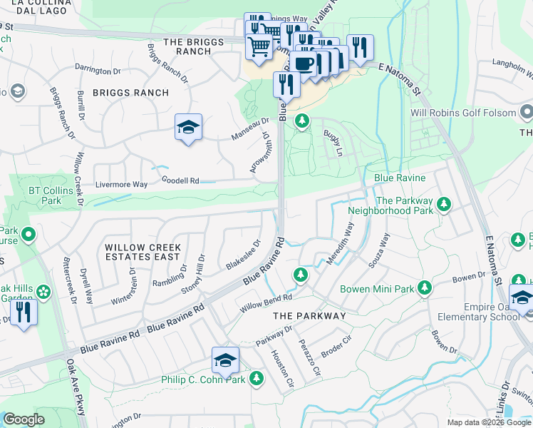 map of restaurants, bars, coffee shops, grocery stores, and more near 153 Blakeslee Drive in Folsom