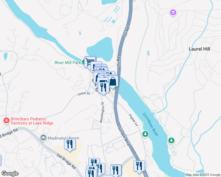 map of restaurants, bars, coffee shops, grocery stores, and more near 201 Mill Street in Occoquan Historic District