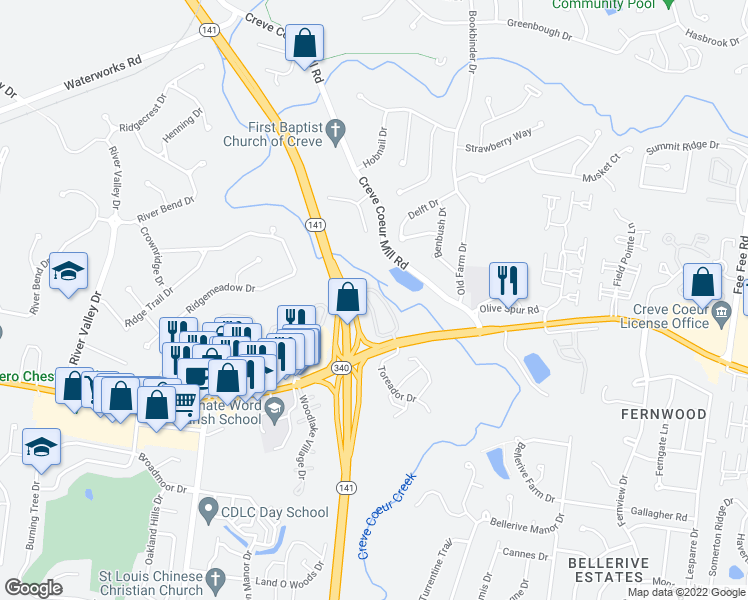 map of restaurants, bars, coffee shops, grocery stores, and more near 1231 Creve Coeur Crossing Lane in Chesterfield