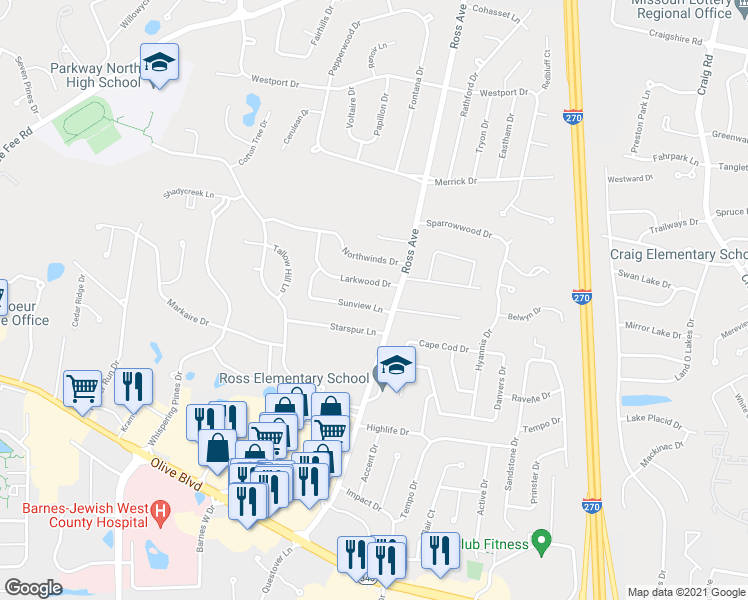 map of restaurants, bars, coffee shops, grocery stores, and more near 12511 Sunview Lane in Saint Louis