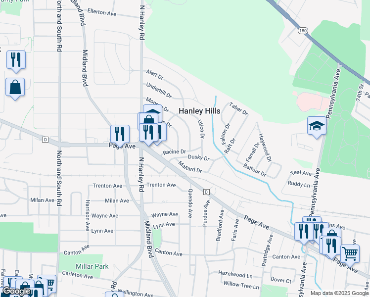 map of restaurants, bars, coffee shops, grocery stores, and more near 7733 Racine Drive in Saint Louis