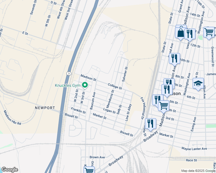 map of restaurants, bars, coffee shops, grocery stores, and more near 1040 College Street in Madison