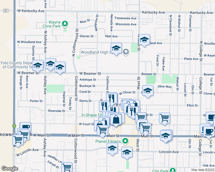 map of restaurants, bars, coffee shops, grocery stores, and more near 100 Buckeye Street in Woodland