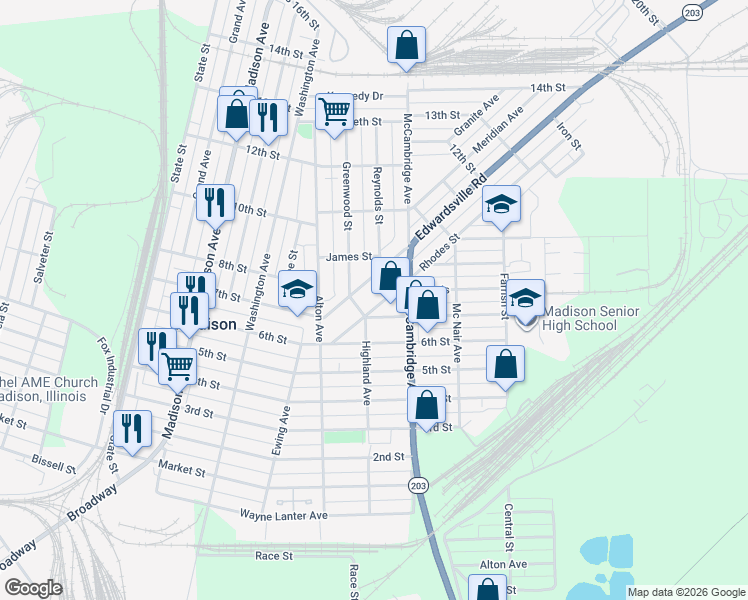 map of restaurants, bars, coffee shops, grocery stores, and more near 1815 Rhodes Street in Madison