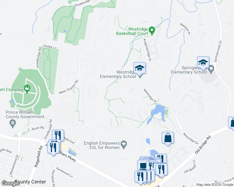 map of restaurants, bars, coffee shops, grocery stores, and more near 4410 Berwick Place in Woodbridge