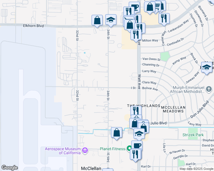 map of restaurants, bars, coffee shops, grocery stores, and more near 3349 I Street in North Highlands