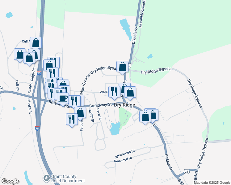 map of restaurants, bars, coffee shops, grocery stores, and more near 15 Warsaw Avenue in Dry Ridge