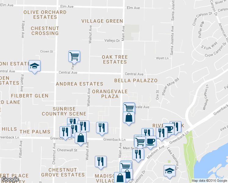 map of restaurants, bars, coffee shops, grocery stores, and more near 6442 Benning Street in Orangevale