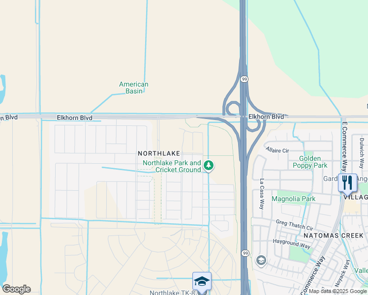 map of restaurants, bars, coffee shops, grocery stores, and more near 3625 West Elkhorn Boulevard in Sacramento