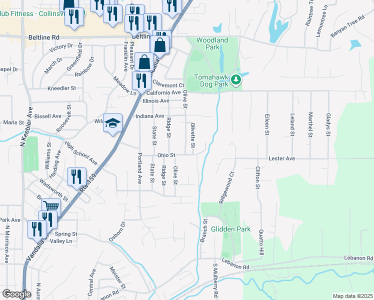 map of restaurants, bars, coffee shops, grocery stores, and more near 1232 Olivette Street in Collinsville