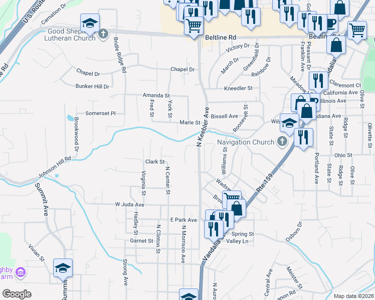 map of restaurants, bars, coffee shops, grocery stores, and more near 2A Holloway Drive in Collinsville