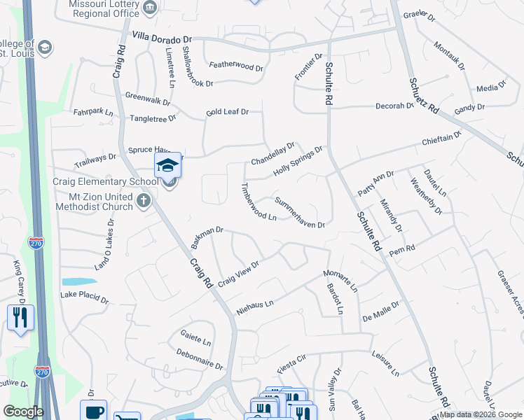 map of restaurants, bars, coffee shops, grocery stores, and more near 1441 Timberwood Lane in St. Louis