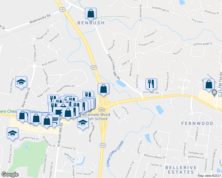 map of restaurants, bars, coffee shops, grocery stores, and more near 1231 Creve Coeur Crossing Lane in Chesterfield