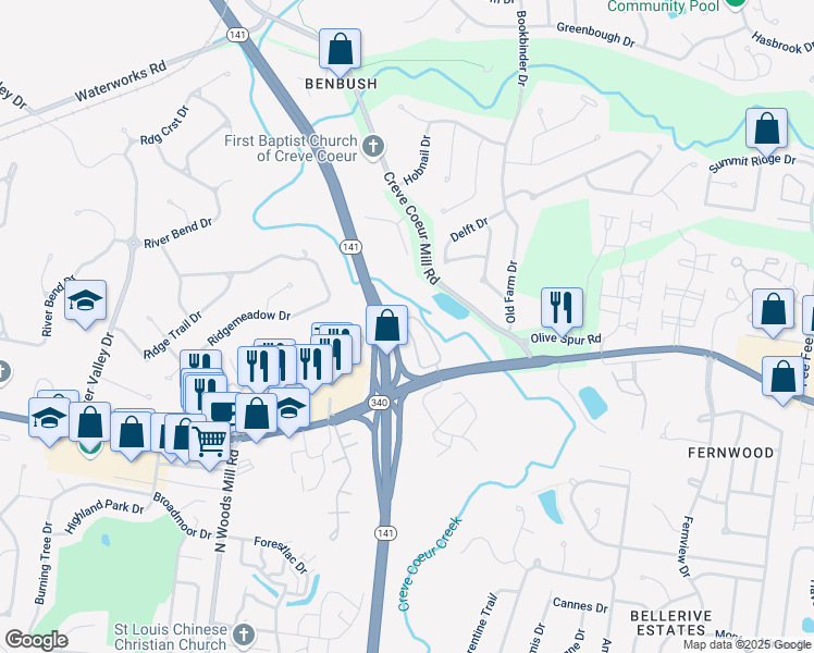 map of restaurants, bars, coffee shops, grocery stores, and more near 1231 Creve Coeur Crossing Lane in Chesterfield
