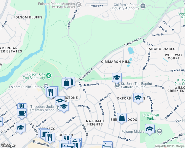 map of restaurants, bars, coffee shops, grocery stores, and more near 103 East Natoma Street in Folsom