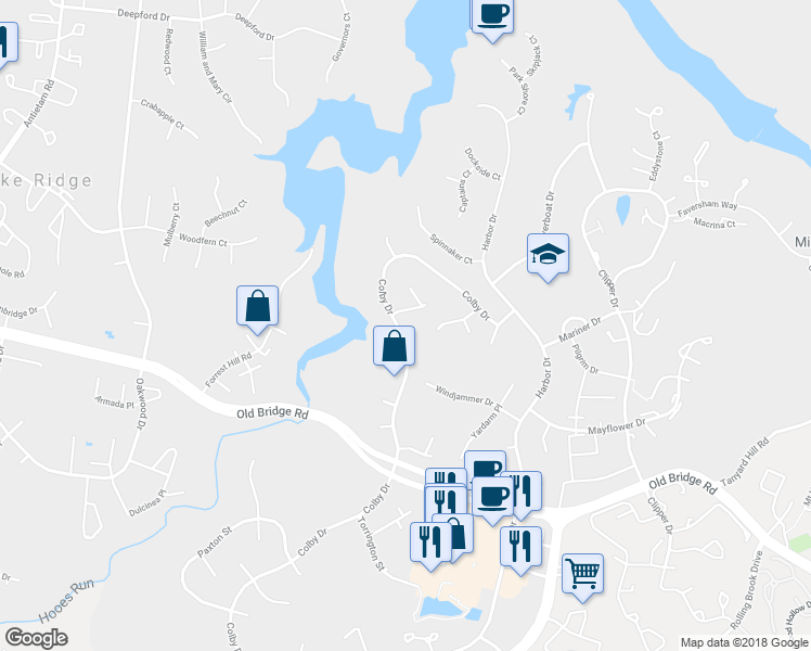 map of restaurants, bars, coffee shops, grocery stores, and more near 12417 Colby Drive in Woodbridge