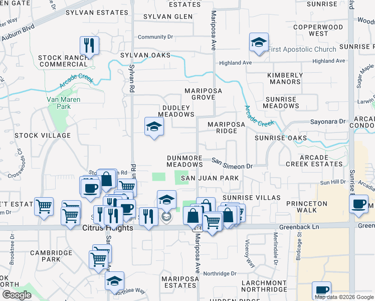 map of restaurants, bars, coffee shops, grocery stores, and more near 7563 Chula Vista Drive in Citrus Heights