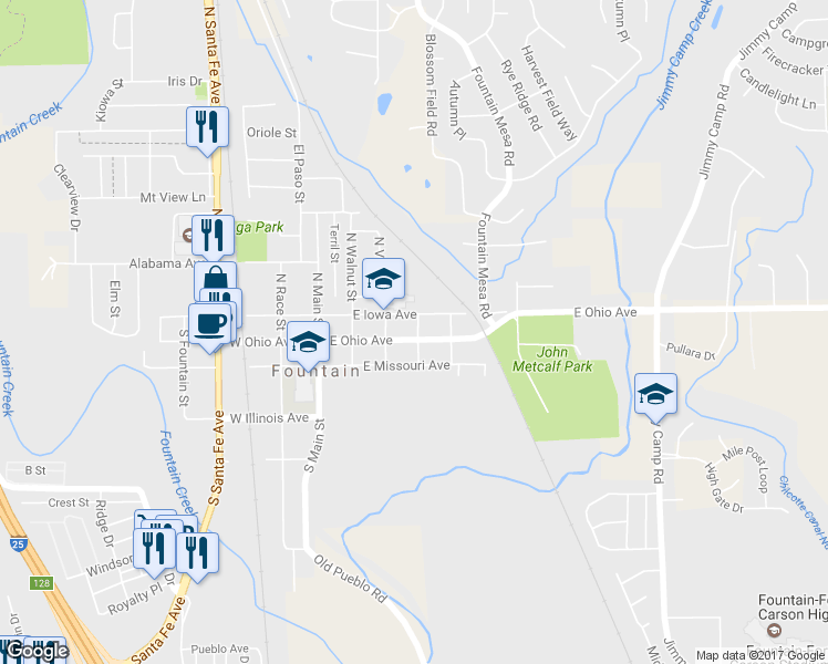 map of restaurants, bars, coffee shops, grocery stores, and more near 375 East Ohio Avenue in Fountain
