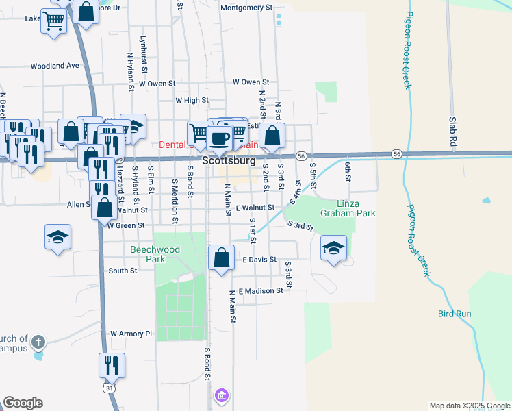 map of restaurants, bars, coffee shops, grocery stores, and more near 287 South 1st Street in Scottsburg