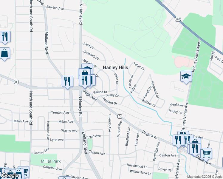 map of restaurants, bars, coffee shops, grocery stores, and more near 7701 Racine Drive in St. Louis