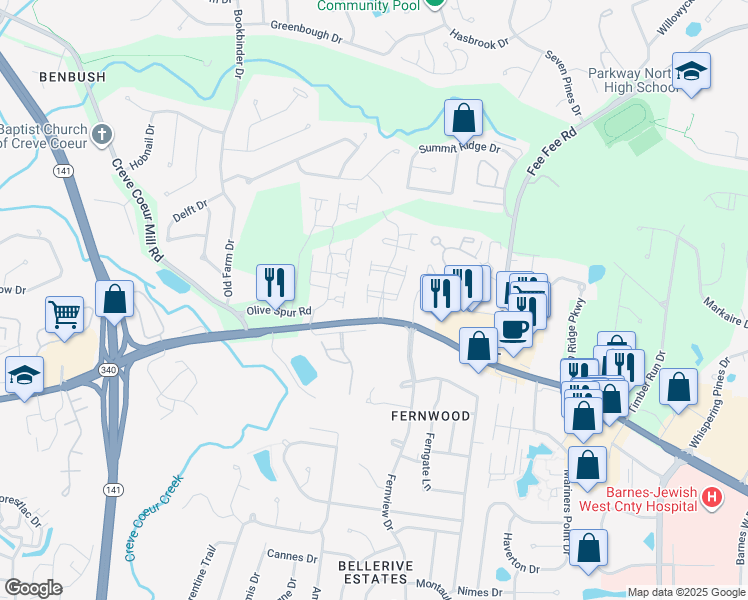 map of restaurants, bars, coffee shops, grocery stores, and more near 12917 Ray Trog Court in St. Louis