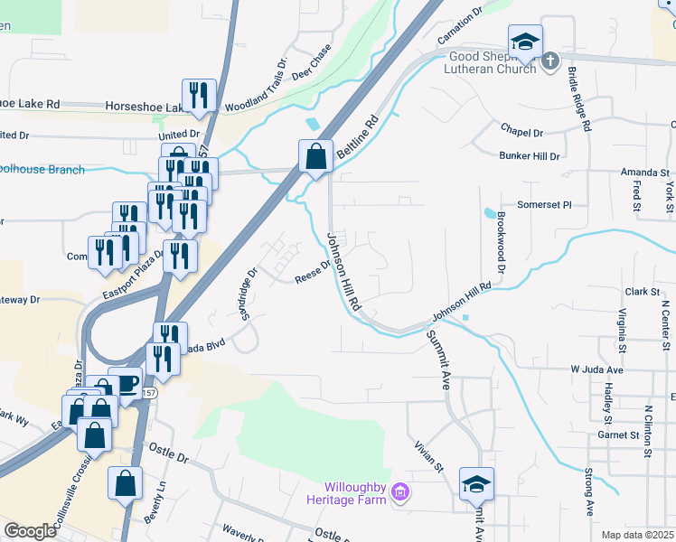 map of restaurants, bars, coffee shops, grocery stores, and more near 677 Johnson Hill Road in Collinsville