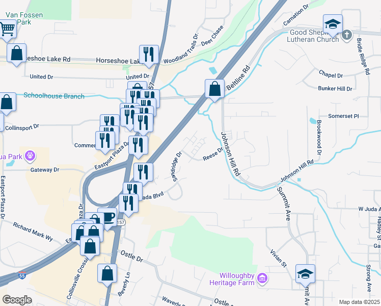 map of restaurants, bars, coffee shops, grocery stores, and more near 616 Reese Drive in Collinsville