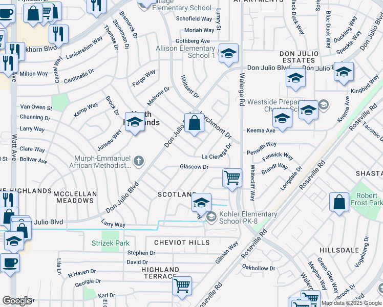 map of restaurants, bars, coffee shops, grocery stores, and more near 6300 La Cienega Drive in North Highlands