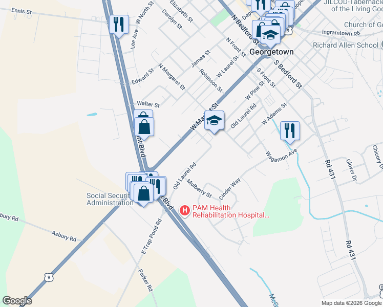 map of restaurants, bars, coffee shops, grocery stores, and more near 420 Old Laurel Road in Georgetown