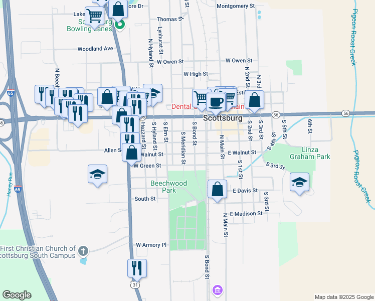 map of restaurants, bars, coffee shops, grocery stores, and more near 270 South Bond Street in Scottsburg