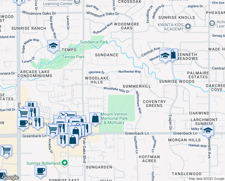 map of restaurants, bars, coffee shops, grocery stores, and more near 8192 Woodlake Hills Drive in Orangevale