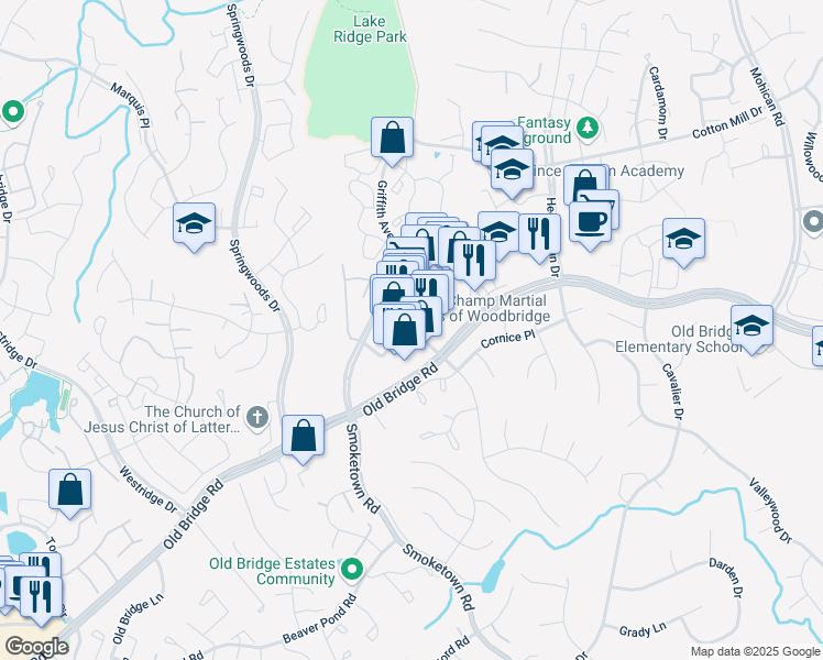 map of restaurants, bars, coffee shops, grocery stores, and more near 12420 Dillingham Square in Lake Ridge