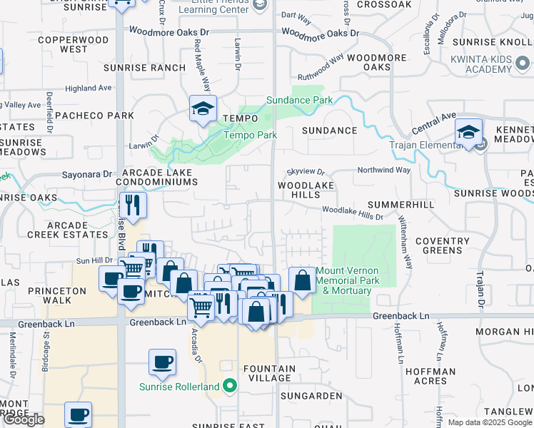 map of restaurants, bars, coffee shops, grocery stores, and more near 12801 Fair Oaks Boulevard in Citrus Heights