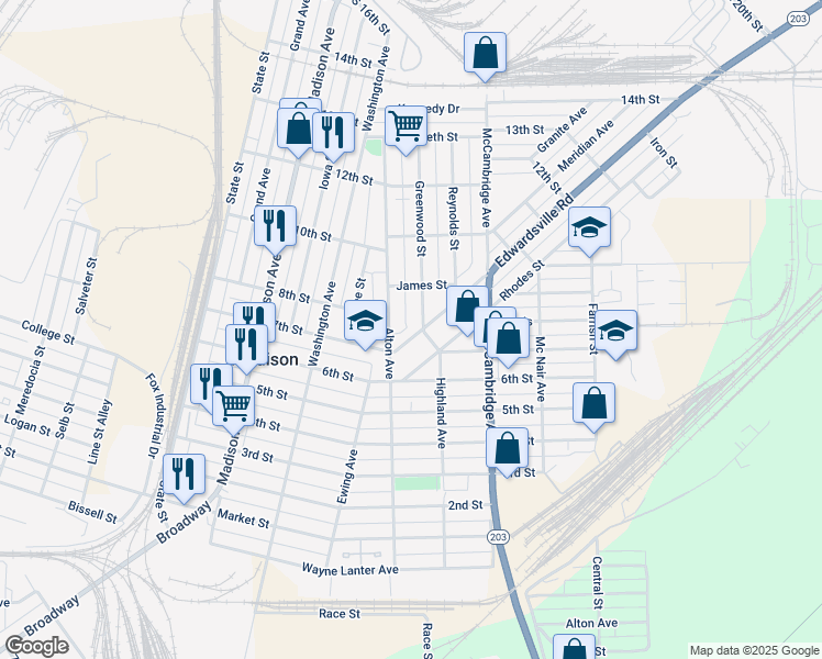 map of restaurants, bars, coffee shops, grocery stores, and more near 1723 Edwardsville Road in Madison