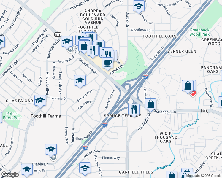 map of restaurants, bars, coffee shops, grocery stores, and more near 5361 Klamath Drive in Sacramento
