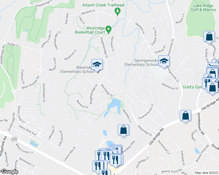 map of restaurants, bars, coffee shops, grocery stores, and more near 12408 Abbey Knoll Court in Woodbridge