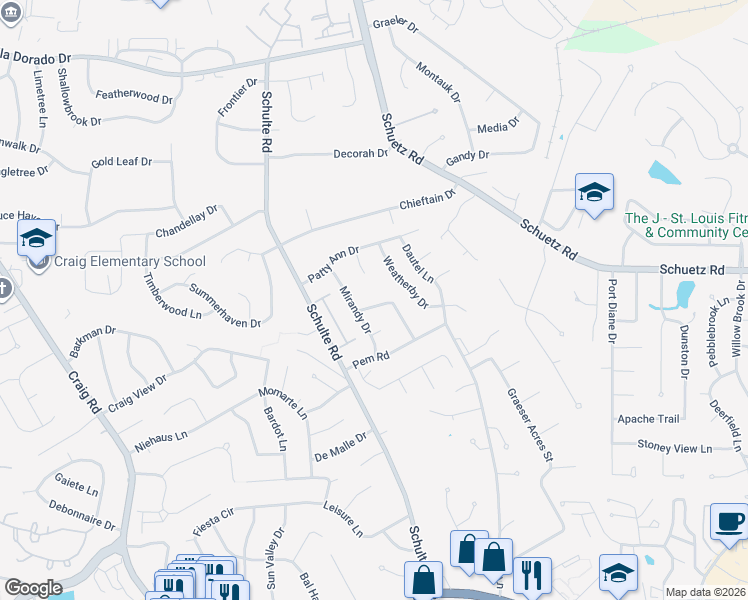 map of restaurants, bars, coffee shops, grocery stores, and more near 11019 Crimson Drive in St. Louis