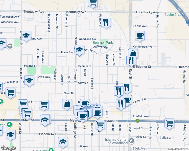 map of restaurants, bars, coffee shops, grocery stores, and more near 41 2nd St in Woodland
