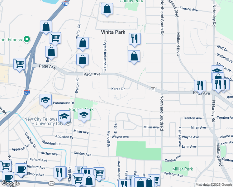 map of restaurants, bars, coffee shops, grocery stores, and more near 8547 Gulf Drive in University City