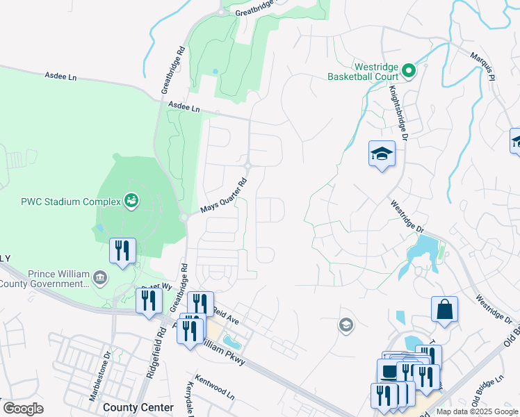 map of restaurants, bars, coffee shops, grocery stores, and more near 12405 Southington Drive in Woodbridge