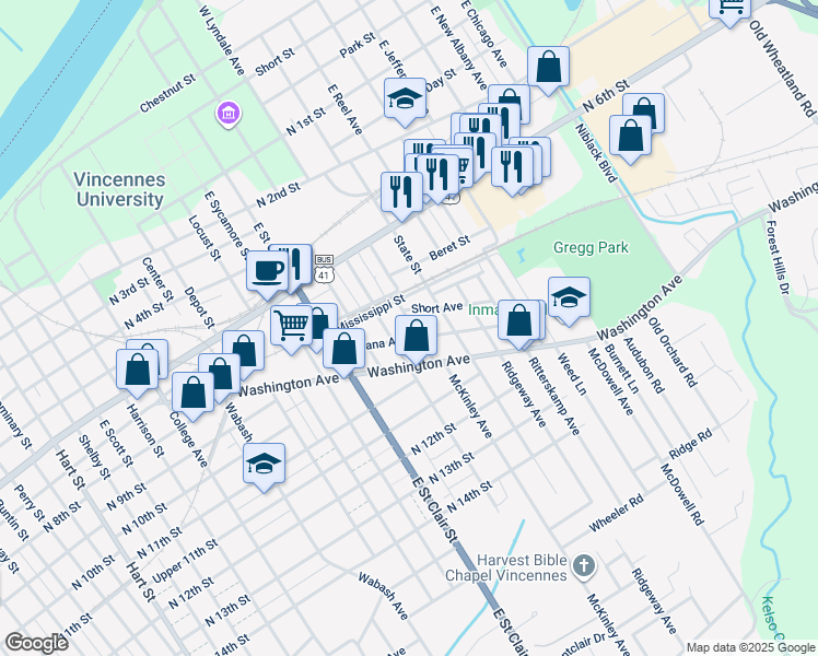 map of restaurants, bars, coffee shops, grocery stores, and more near 833 Carbon Street in Vincennes