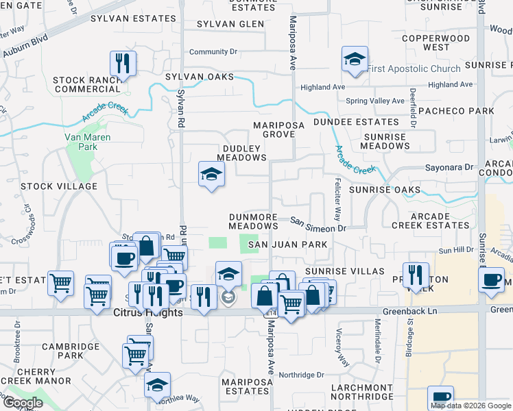 map of restaurants, bars, coffee shops, grocery stores, and more near 7563 Chula Vista Drive in Citrus Heights