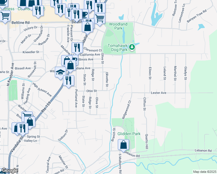 map of restaurants, bars, coffee shops, grocery stores, and more near 1232 Olivette Street in Collinsville