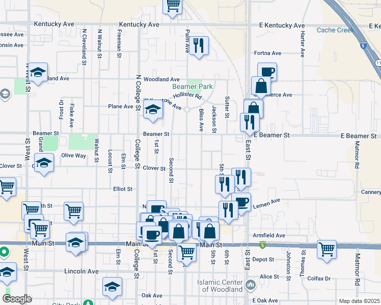 map of restaurants, bars, coffee shops, grocery stores, and more near 43 3rd Street in Woodland