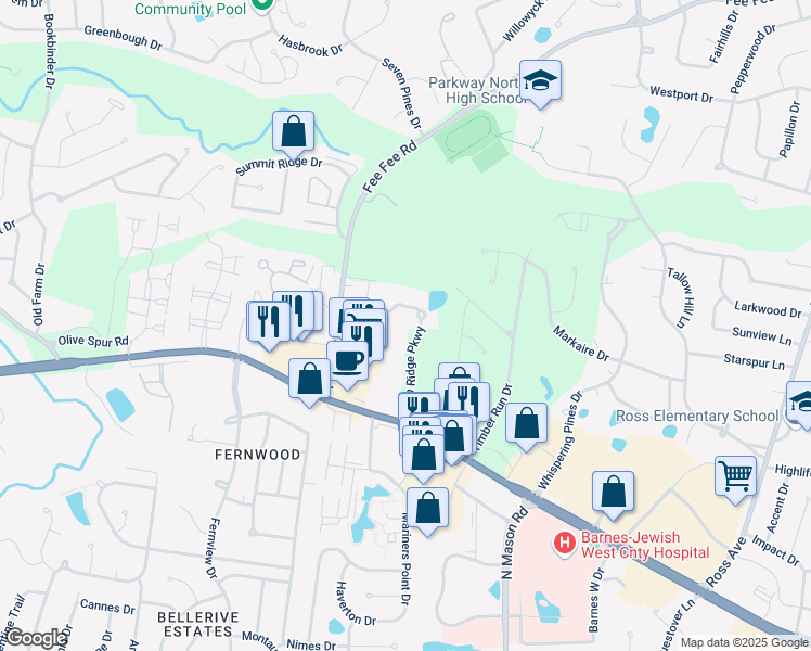map of restaurants, bars, coffee shops, grocery stores, and more near 1224 Fern Ridge Parkway in St. Louis