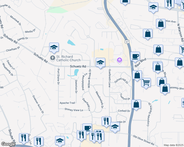 map of restaurants, bars, coffee shops, grocery stores, and more near 115 Willow Brook Drive in St. Louis