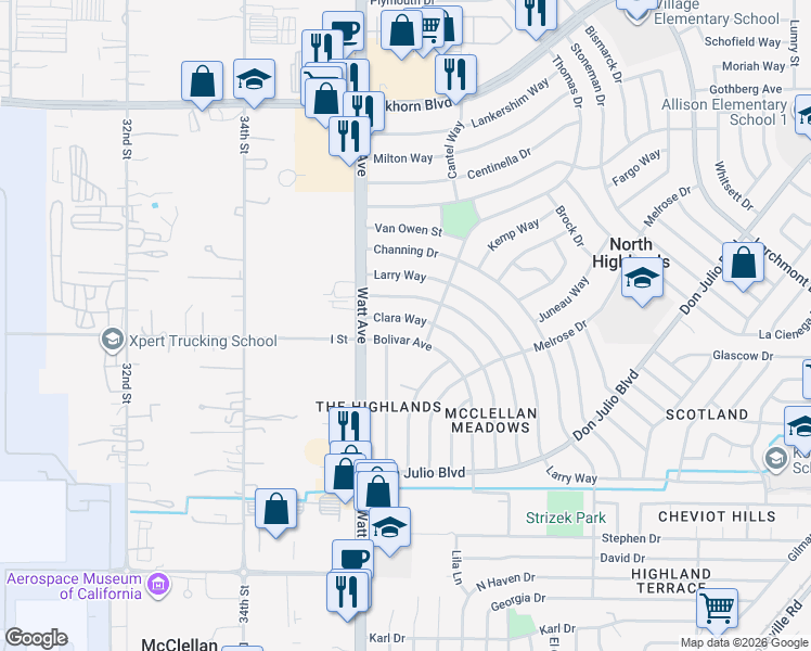 map of restaurants, bars, coffee shops, grocery stores, and more near 6525 Clara Way in North Highlands