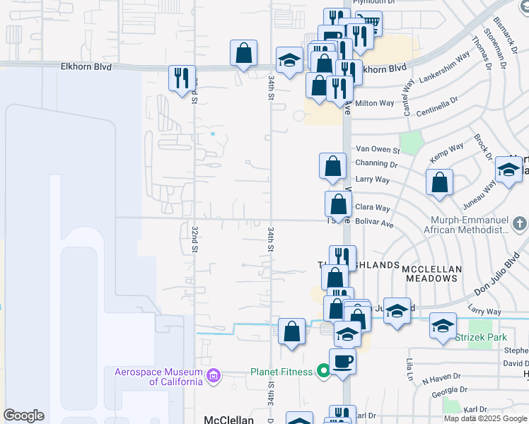 map of restaurants, bars, coffee shops, grocery stores, and more near 3349 I Street in North Highlands
